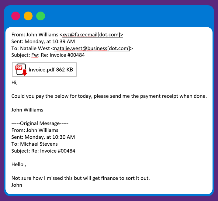 An example of a scam email depicting someone sending a fake invoice attached as a PDF