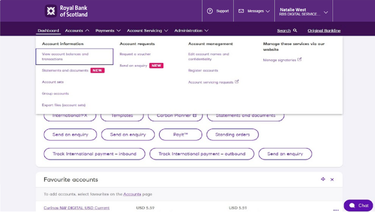 An image of the Bankline accounts section