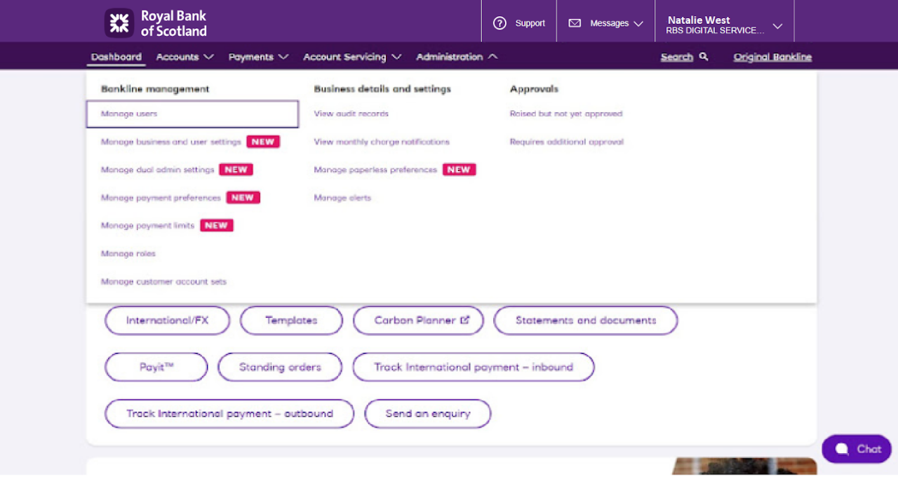 An image of the administration section of Bankline