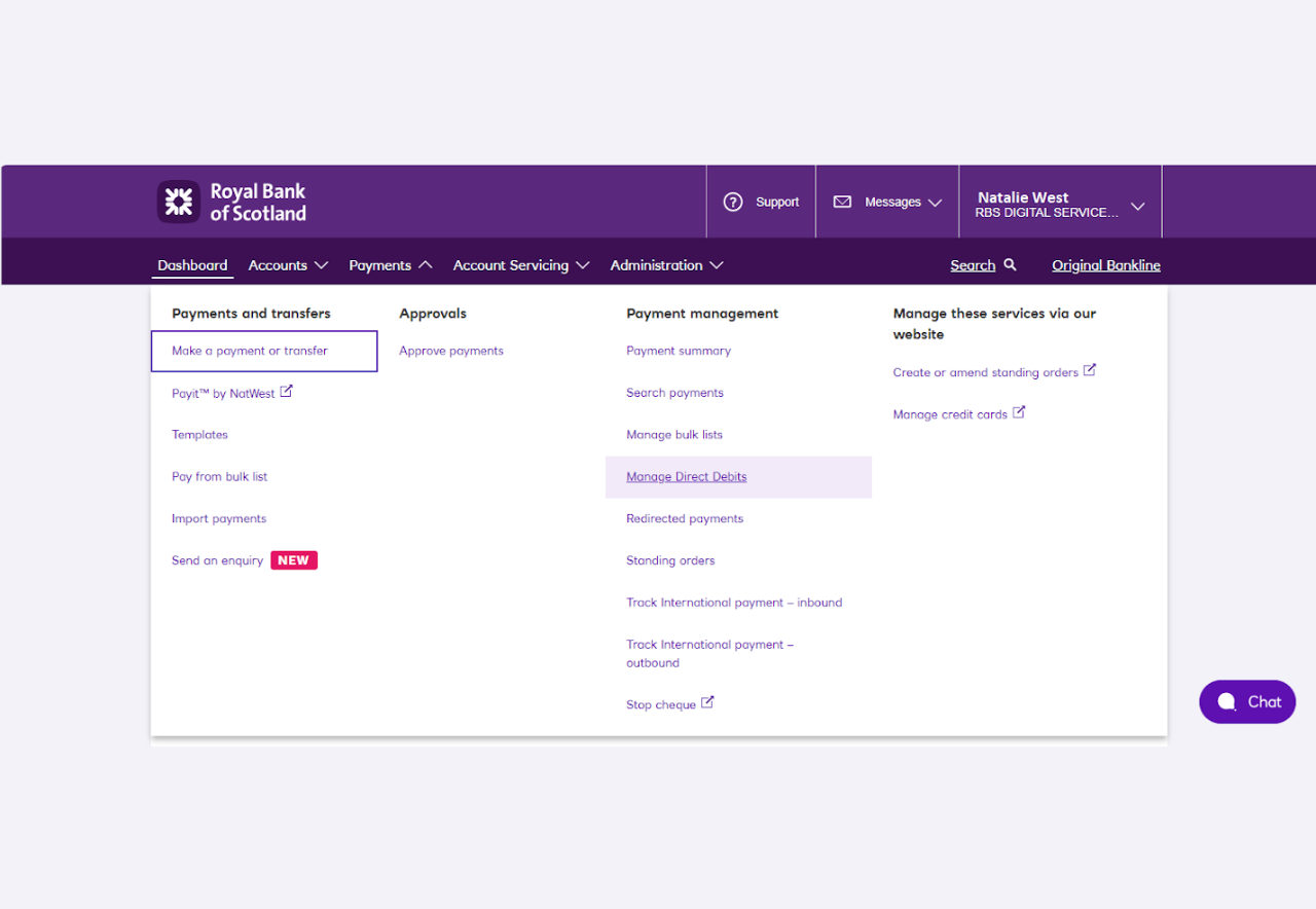An image of the payments section of Bankline