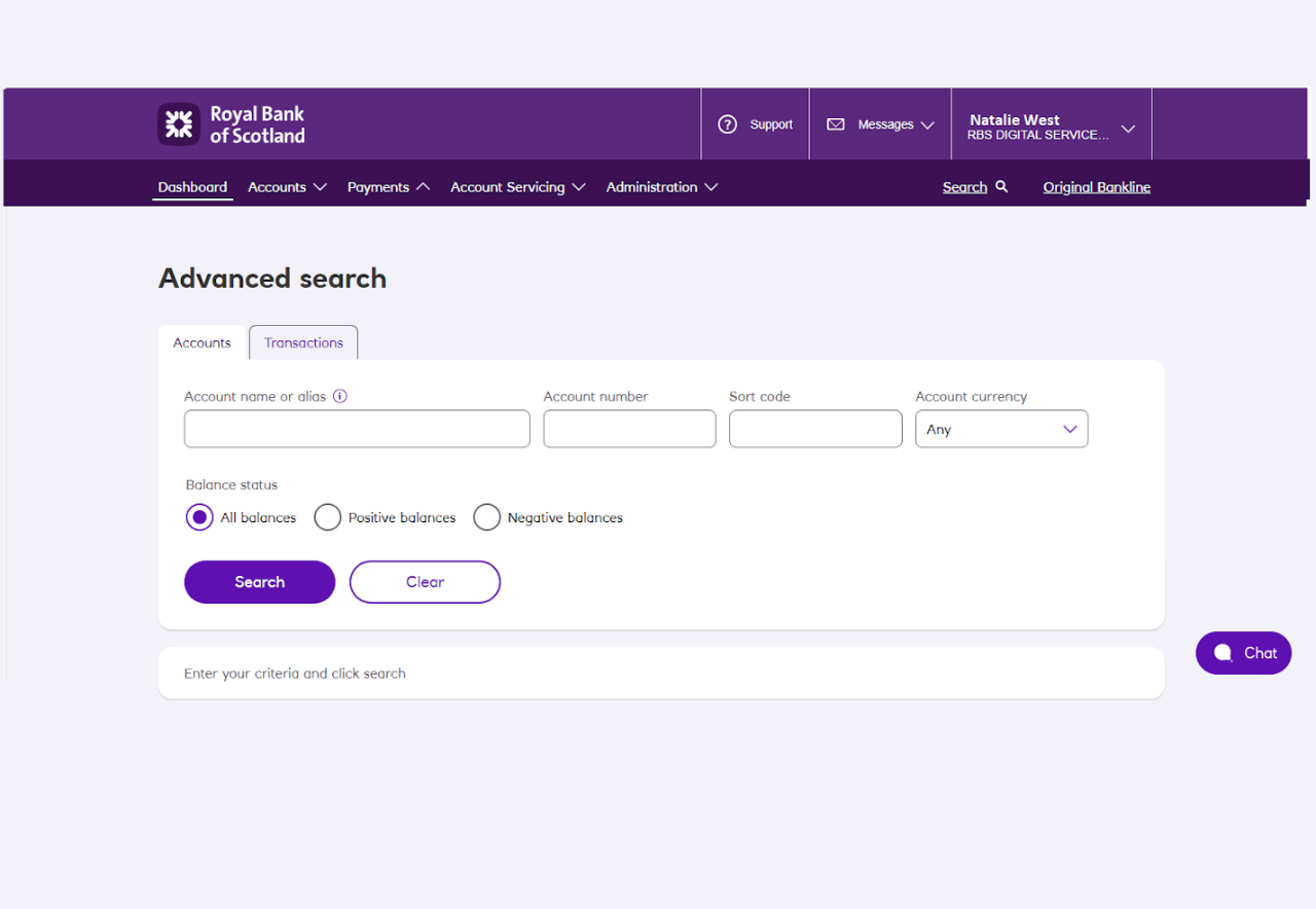 An image of the Bankline advanced search page