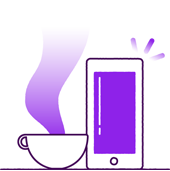 illustration of a purple mobile phone and cup of coffee