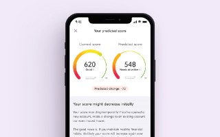 Mobile banking app screenshot showing credit score predictor feature
