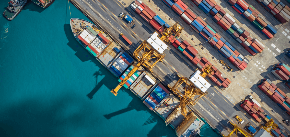 aerial view of container ship in docks