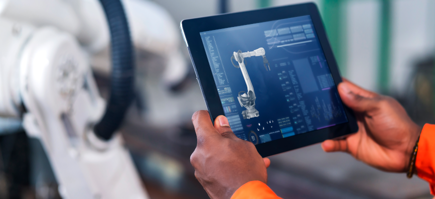 a tablet being with a display of robotics and code