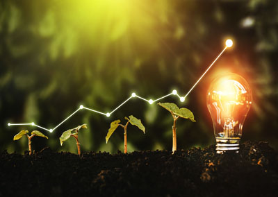 Four seedlings and a lit lightbulb in a row, green graph floating above.