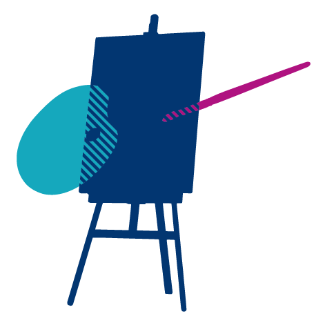Blue and purple illustration of an easel, paintbrush and palette