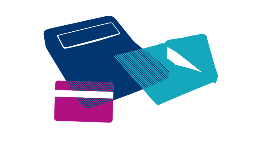 Blue and pink illustration of a bank card, envelope and calculator
