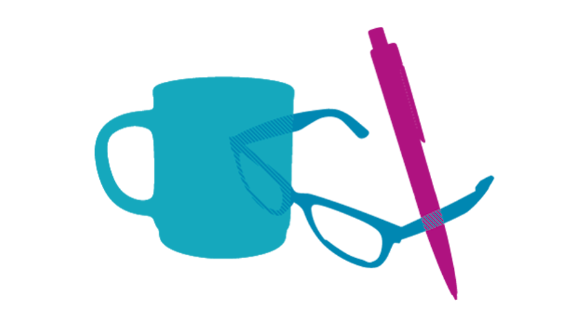 Blue and pink illustration of a mug, glasses and a pen
