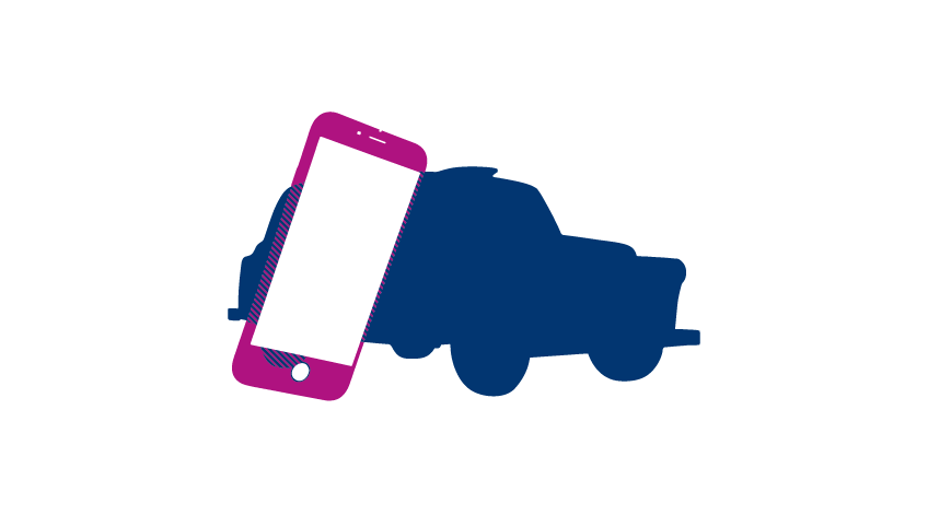 Blue and purple illustration of a mobile phone and a car