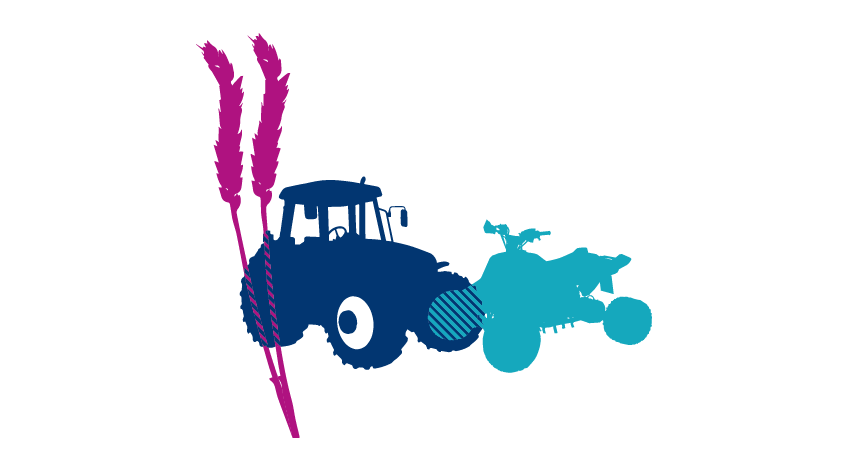 Blue and purple illustration of a tractor, quadbike and two ears of wheat