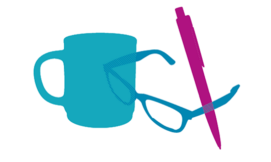 Blue and pink illustration of a mug, eyeglasses and a pen