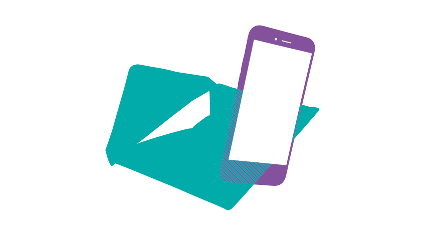 Blue and purple illustration of a mobile phone and an open envelope