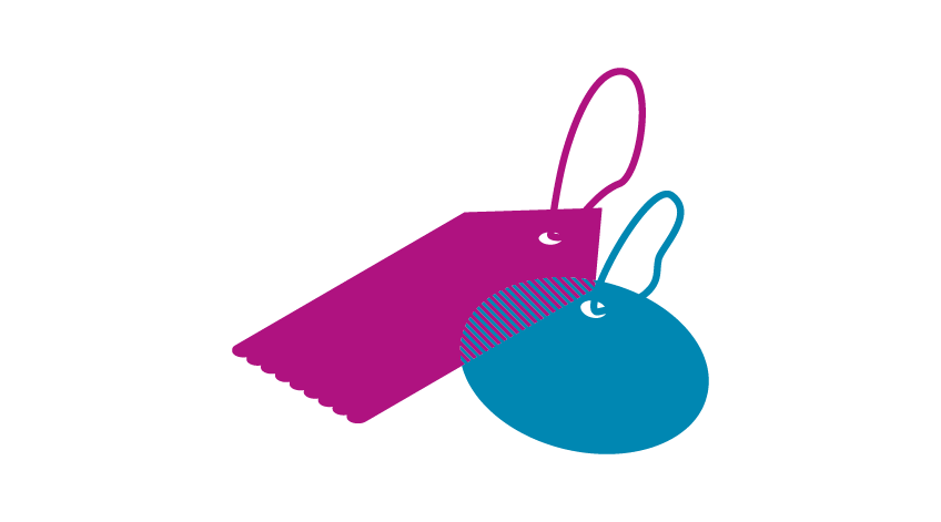 Blue and purple illustration of two tags with string loops