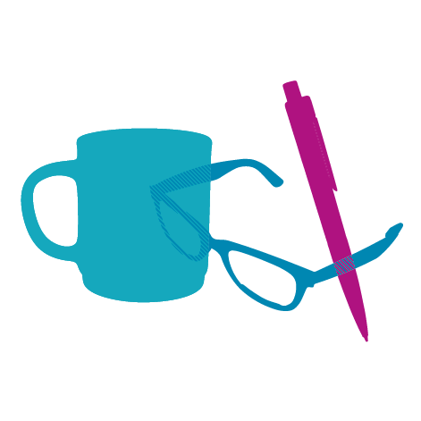 Blue and purple illustration of a mug, glasses and a pen