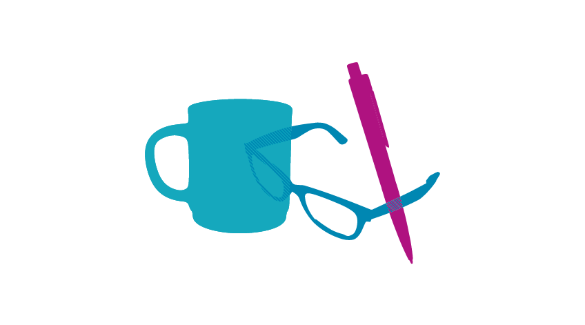 An illustration of a mug, a pen and a pair of glasses