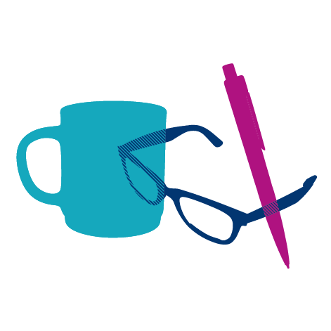 Blue and purple illustration of a mug, glasses and a pen