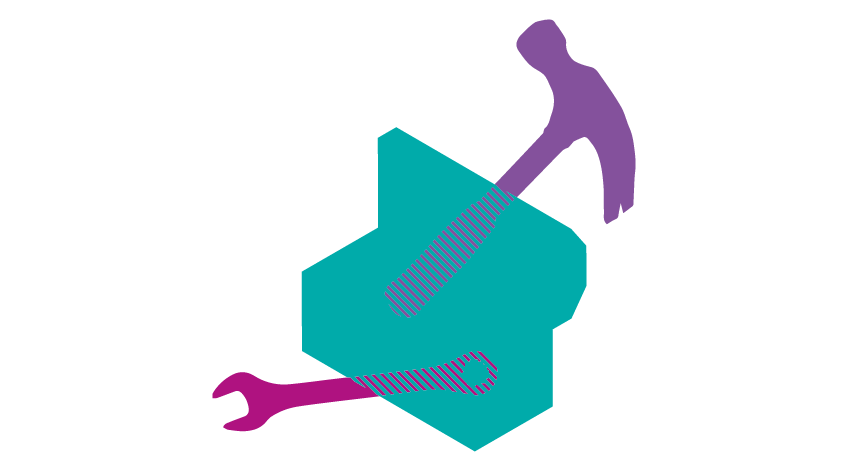 Blue and purple illustration of toolbox, hammer and spanner