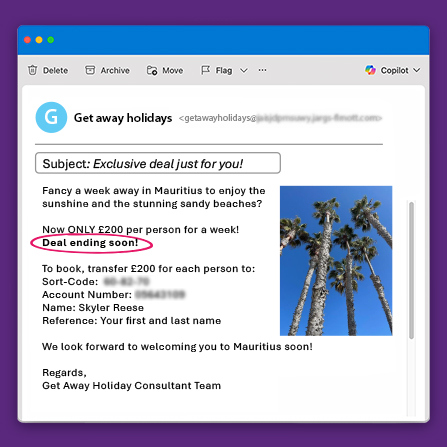 Example of a scam emailing showing pressure tactics to rush people