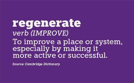 Regenerate. Verb (improve). To improve a place or system, especially by making it more active or successful. Source: Cambridge Dictionary.