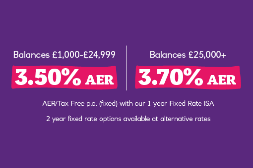 3.50% AER/tax-free p.a. (fixed) on balances £1,000 - £24,999 and 3.70% AER/tax-free p.a. (fixed) on balances £25,000+ on our 1 year Fixed Rate ISA. With our 2 year fixed rate option available at alternative rates.